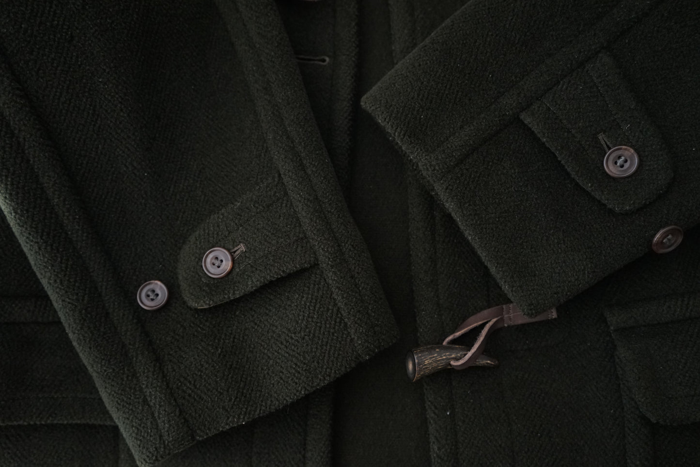 1980s INVERTERE "DARK GREEN" MoorBrook Fabric Duffel Coat Made in ENGLAND