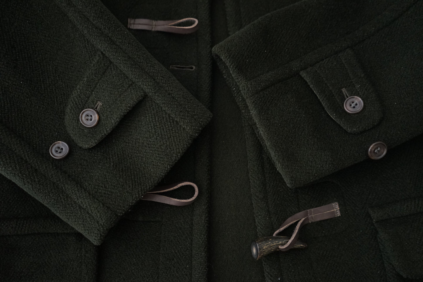 1980s INVERTERE "DARK GREEN" MoorBrook Fabric Duffel Coat Made in ENGLAND