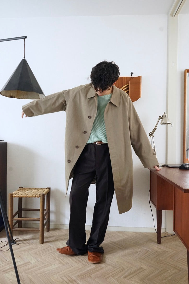 1970s Burberry "杢” Polyester Gabardine Balmacaan Coat Made in Spain