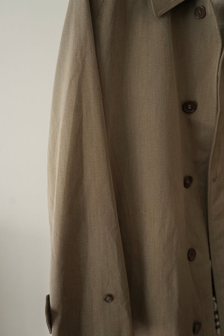 1970s Burberry "杢” Polyester Gabardine Balmacaan Coat Made in Spain