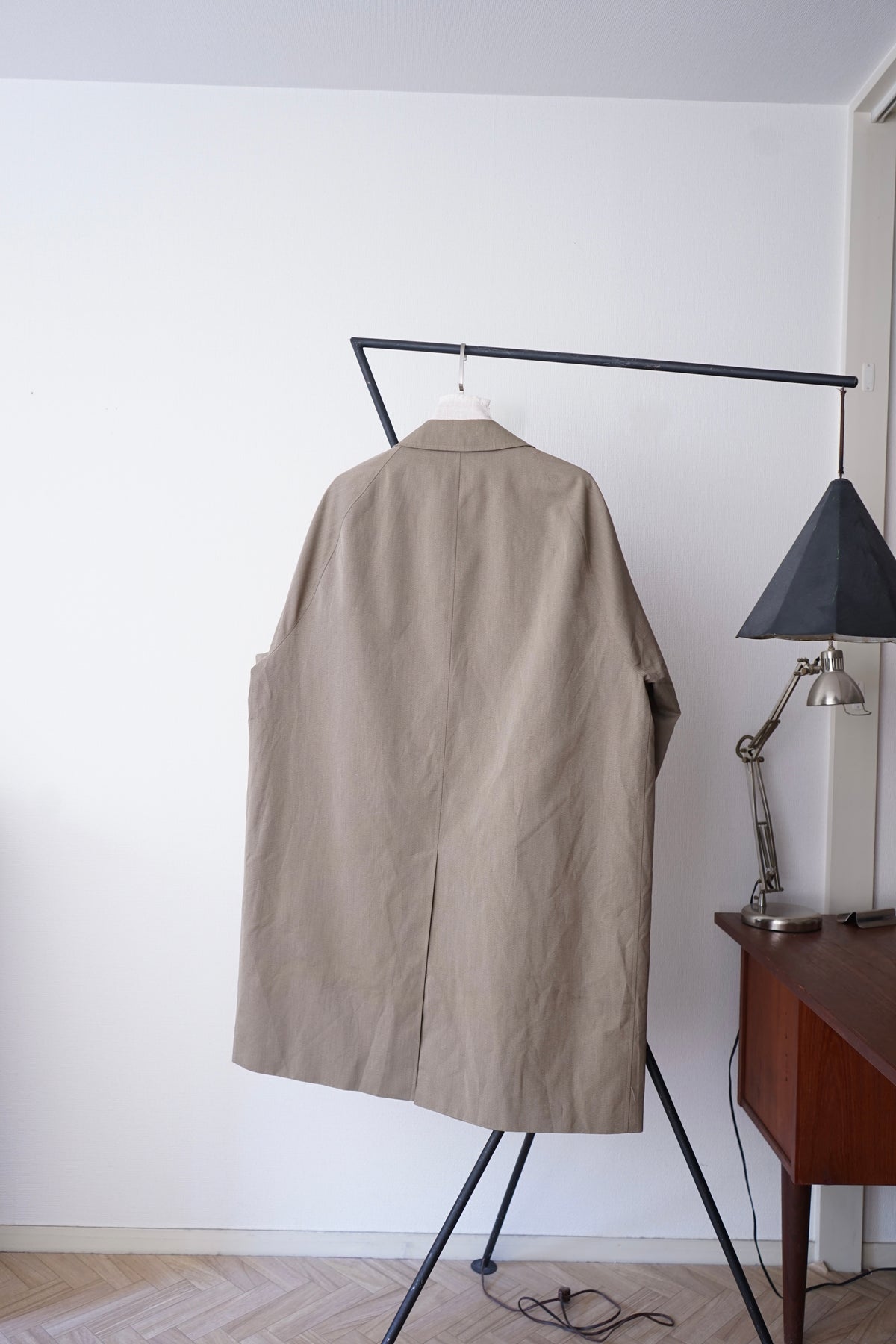 1970s Burberry "杢” Polyester Gabardine Balmacaan Coat Made in Spain