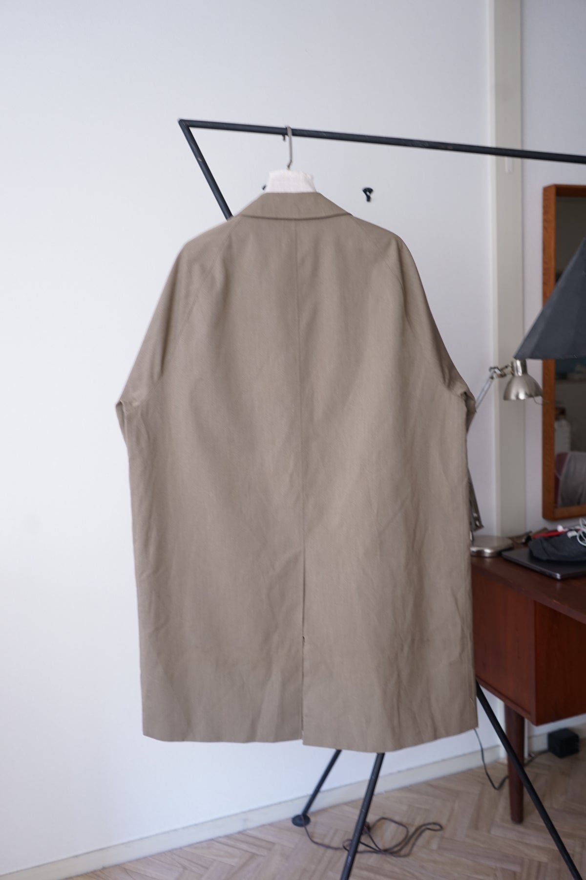 1970s Burberry "杢” Polyester Gabardine Balmacaan Coat Made in Spain