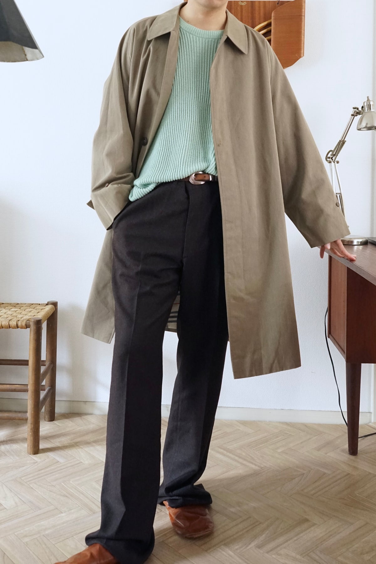1970s Burberry "杢” Polyester Gabardine Balmacaan Coat Made in Spain