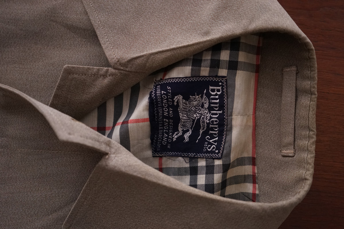 1970s Burberry "杢” Polyester Gabardine Balmacaan Coat Made in Spain