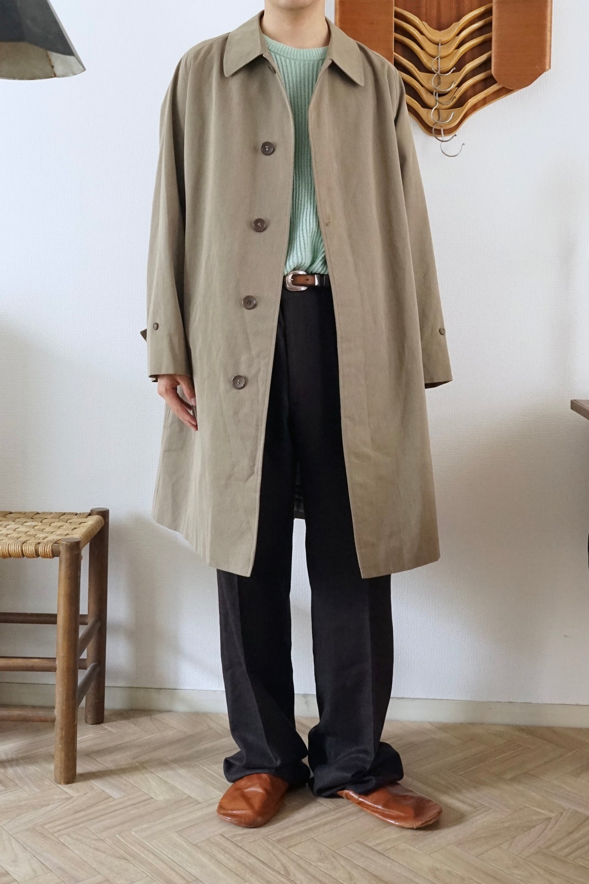 1970s Burberry "杢” Polyester Gabardine Balmacaan Coat Made in Spain